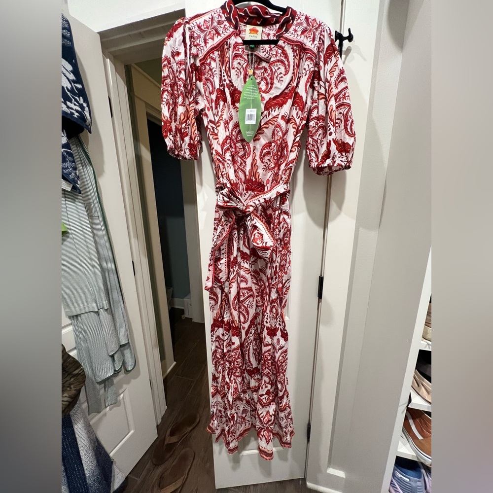 Farm Rio off-white tropical cameo belted maxi dress, size medium, NWT